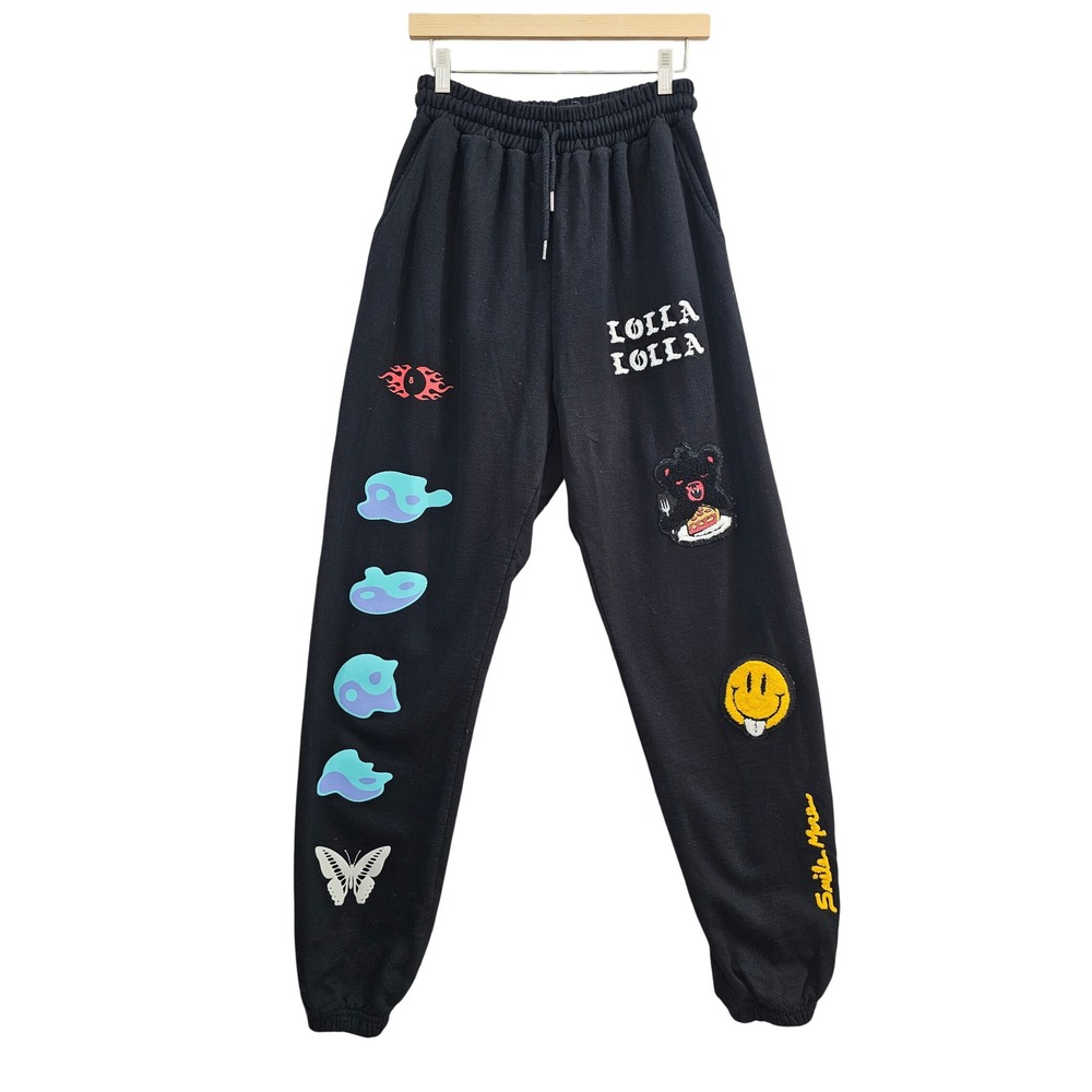 Lollapalooza Graphic Sweatpants Unisex XL Black Multi Patch Festival Joggers